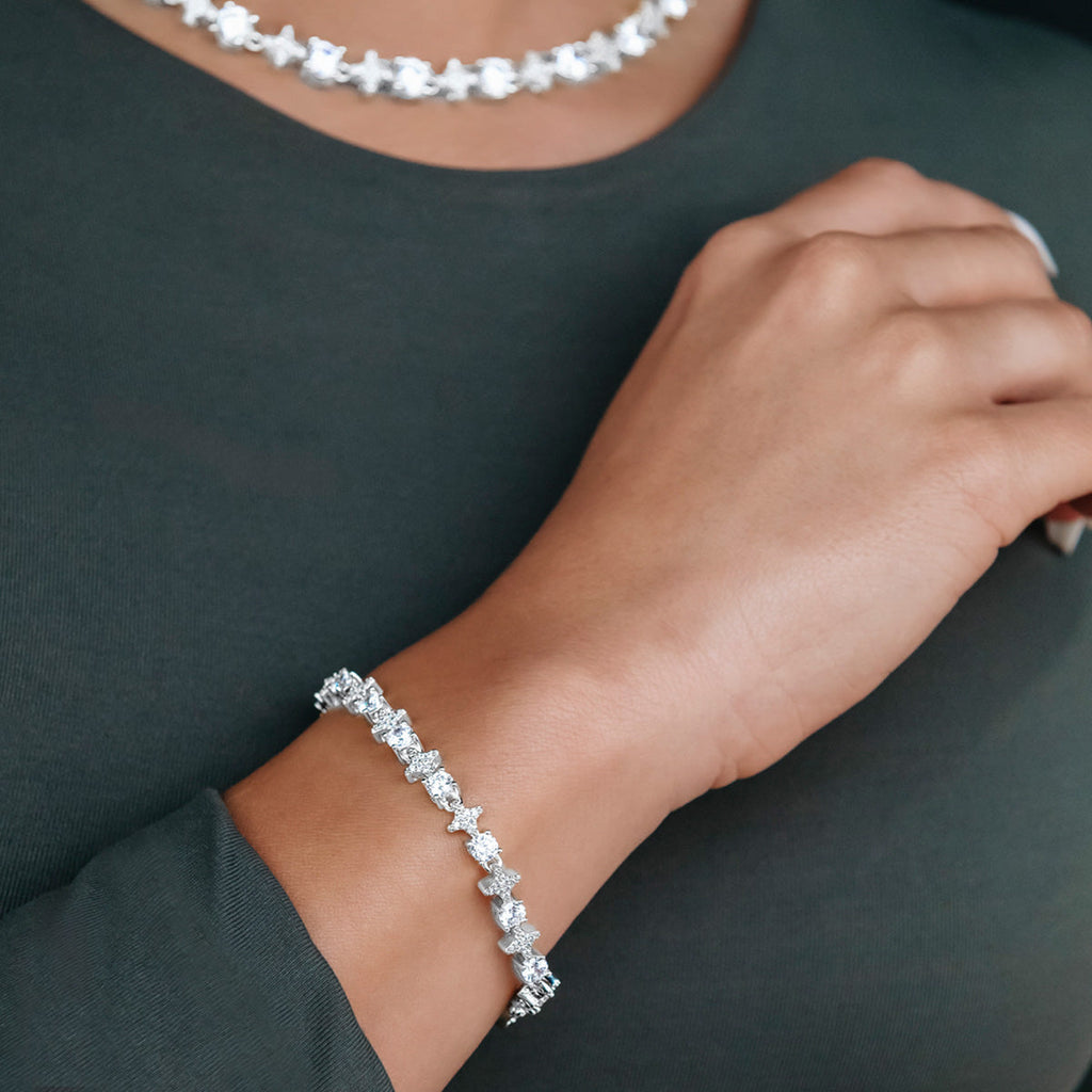 GLD Women Round Stone Star Tennis Bracelet in White Gold
