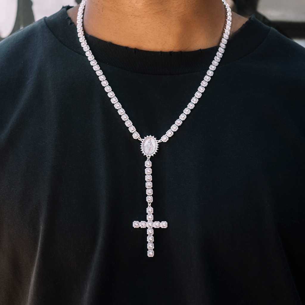 GLD Men Micro Clustered Rosary Chain in White Gold - 6mm