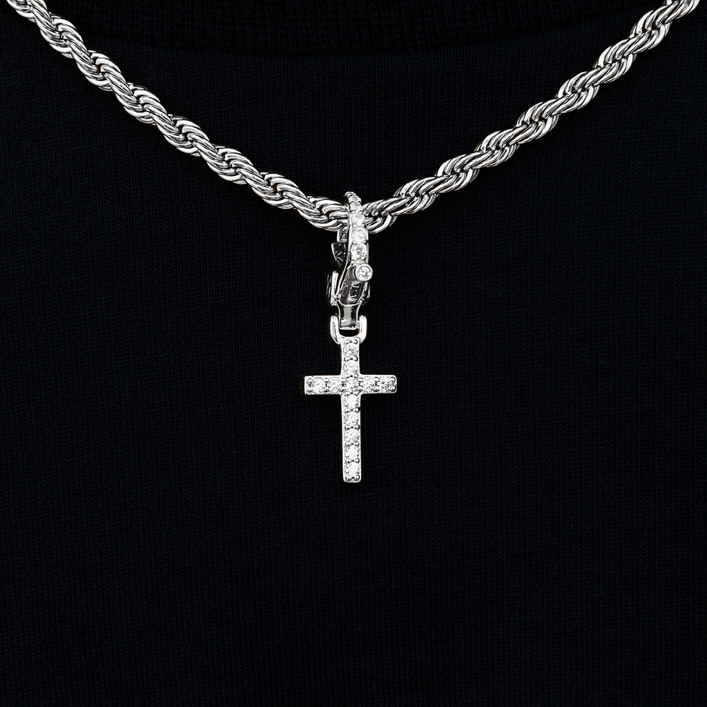 GLD Promo Sets - Clip Ons Iced Micro Cross Clip On Pendant in White Gold