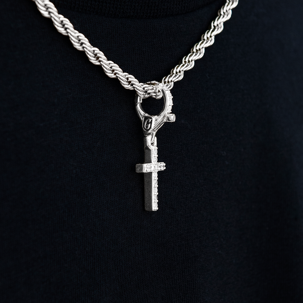 GLD Promo Sets - Clip Ons Iced Micro Cross Clip On Pendant in White Gold