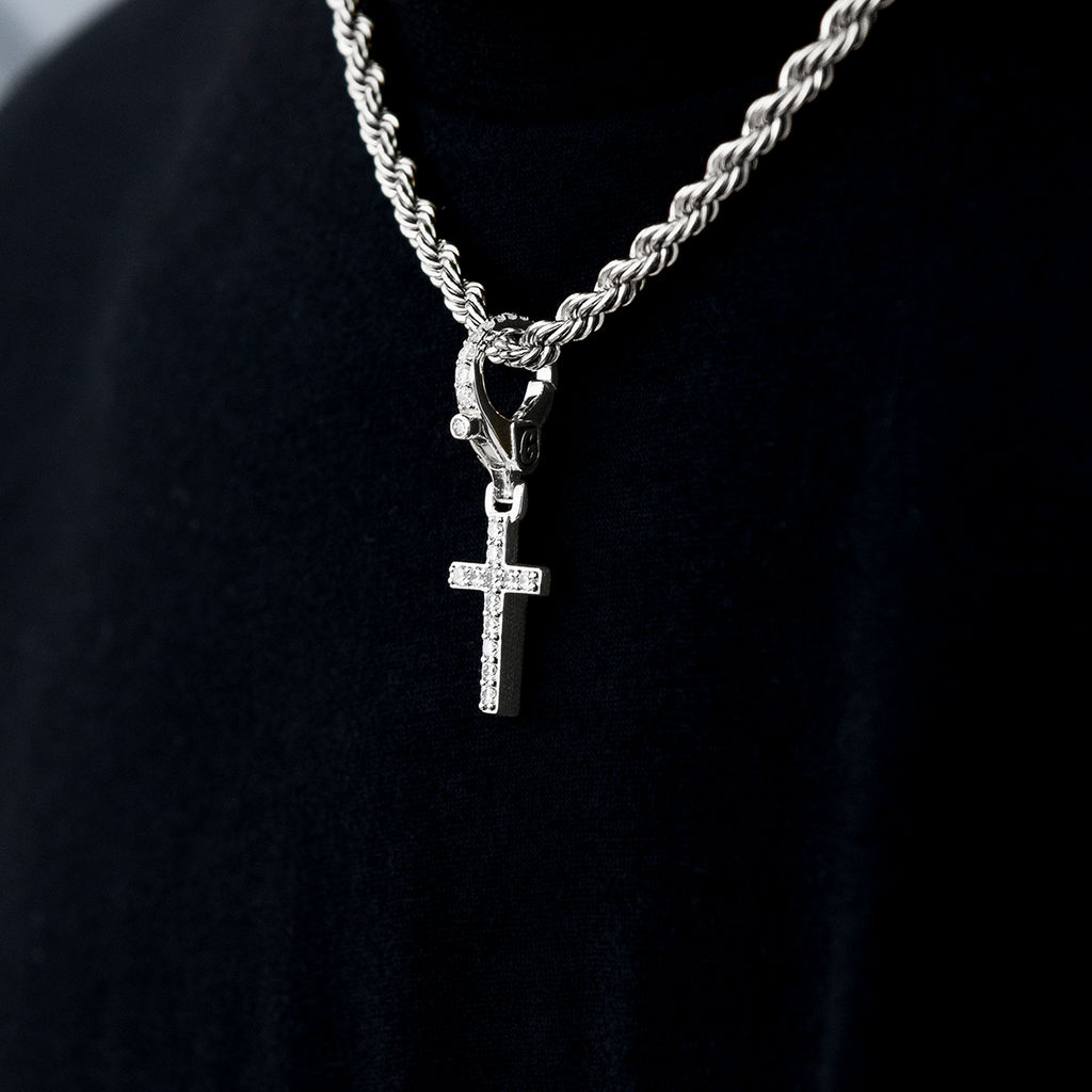 GLD Promo Sets - Clip Ons Iced Micro Cross Clip On Pendant in White Gold