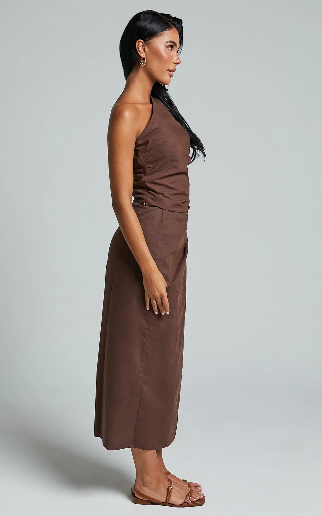 Genna Midi Skirt - Linen Look Wrap Skirt in Chocolate