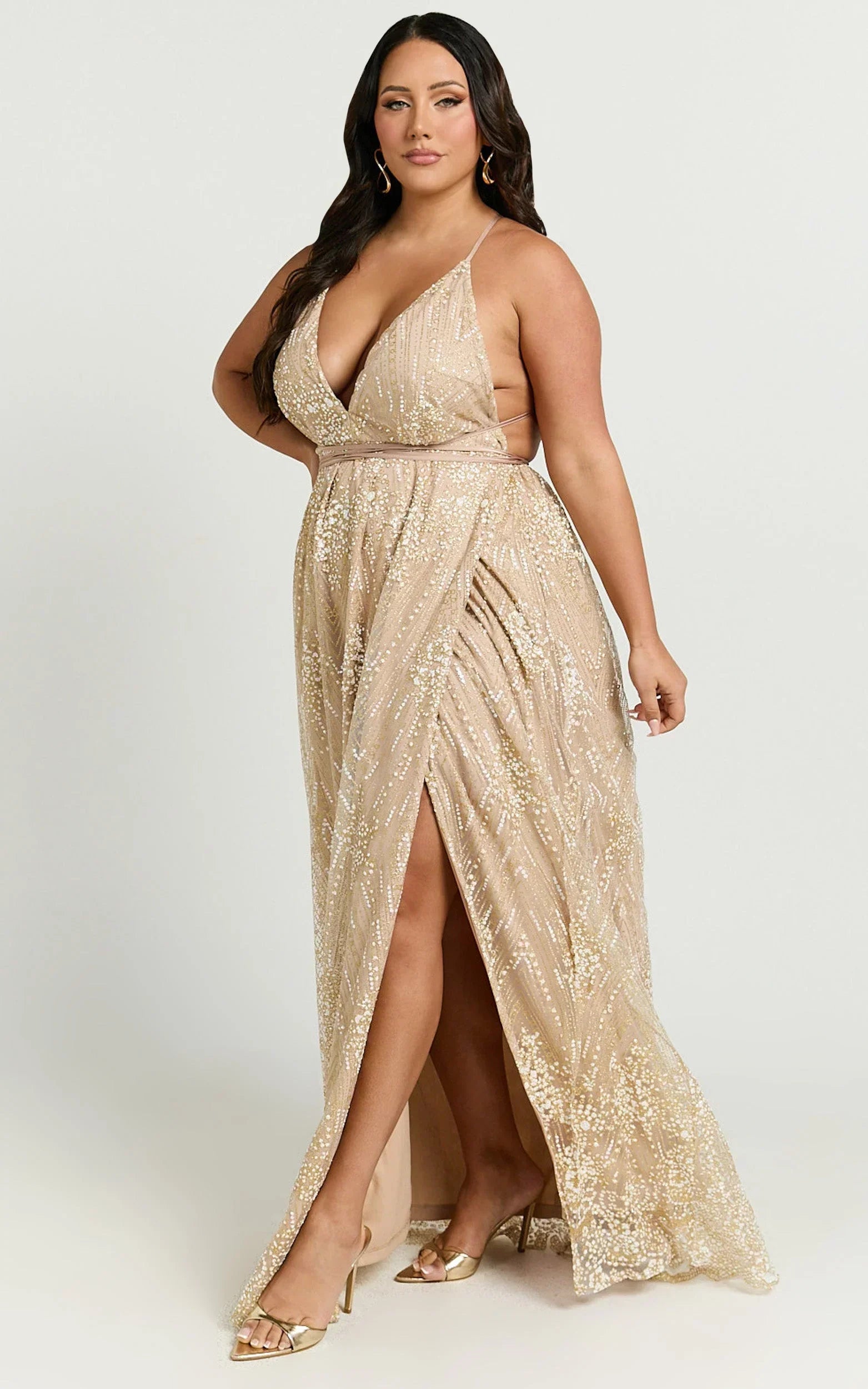 New York Nights Maxi Dress - Sequin Plunge Cross Back Dress in Gold
