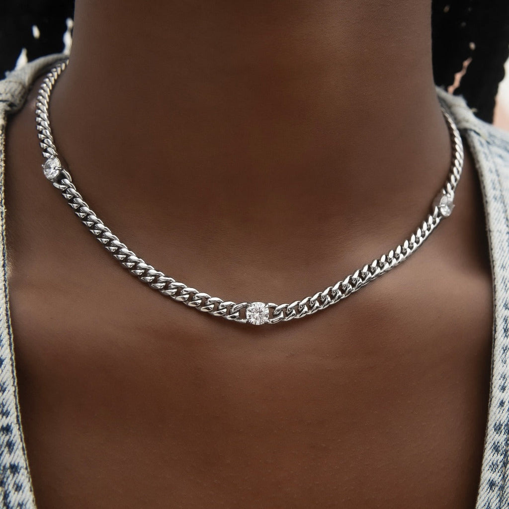 GLD PROMO - WOMEN Round Stone Station Cuban Necklace in White Gold