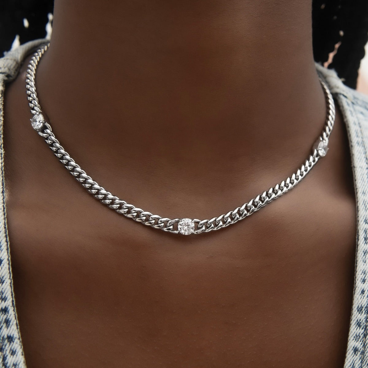 GLD PROMO - WOMEN Round Stone Station Cuban Necklace in White Gold
