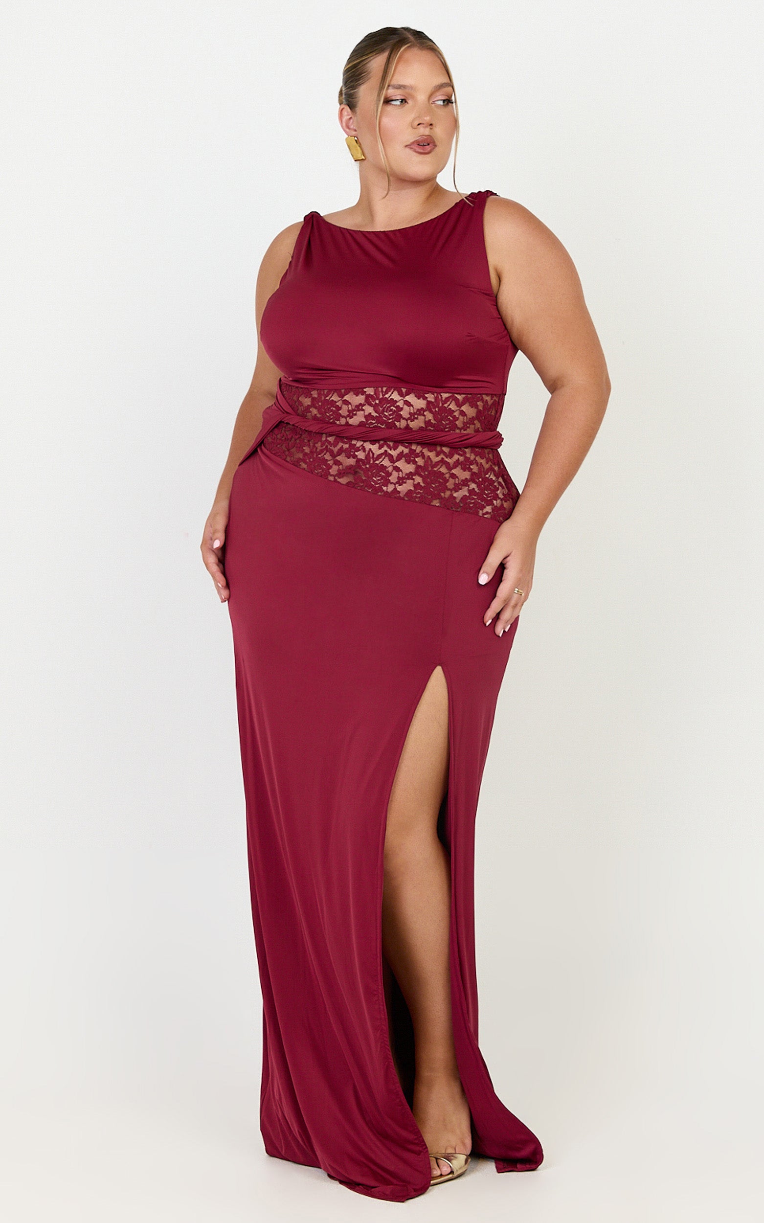 Alberta Maxi Dress - Spliced Sheer Lace Column Dress in Wine