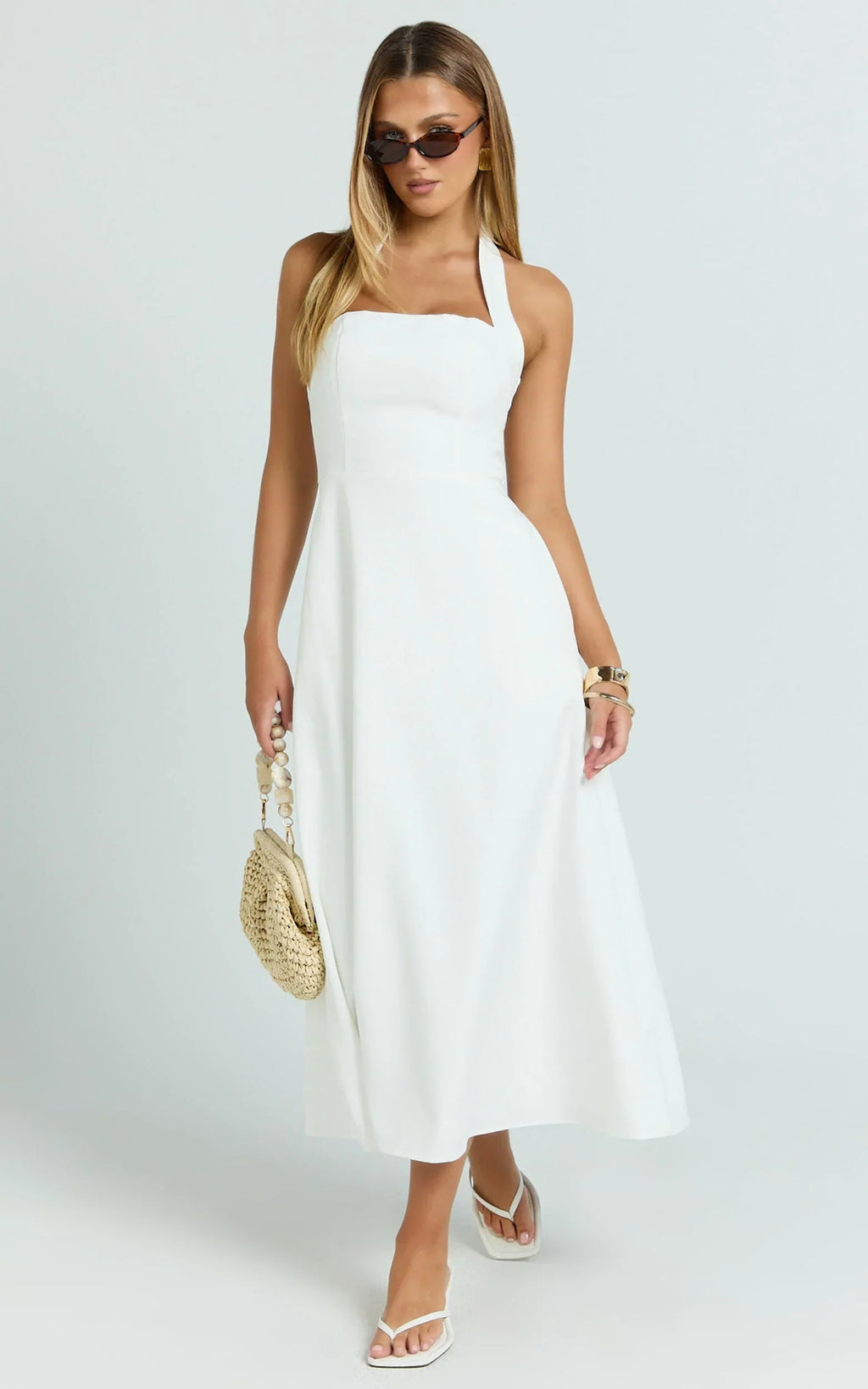 Karissa Midi Dress - Halter Neck Fitted Bodice Midi Soft A Line Skirt Dress in White