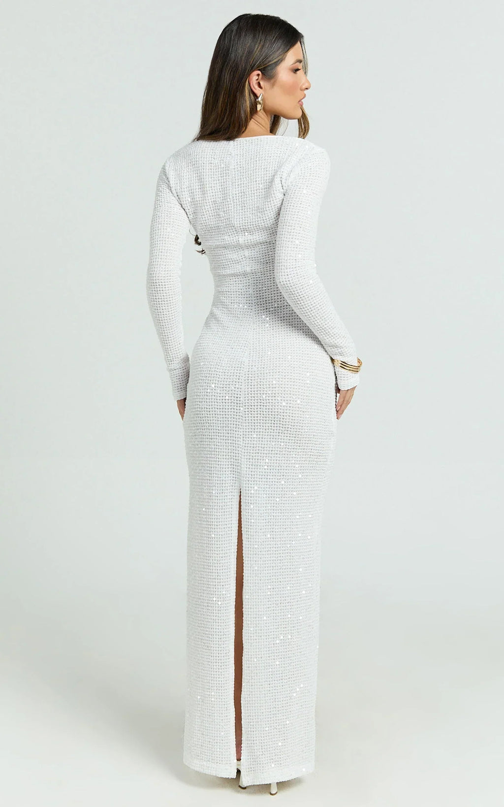 Laine Maxi Dress - Sequin Lace Wide Scoop Neck Long Sleeve Column Dress in White