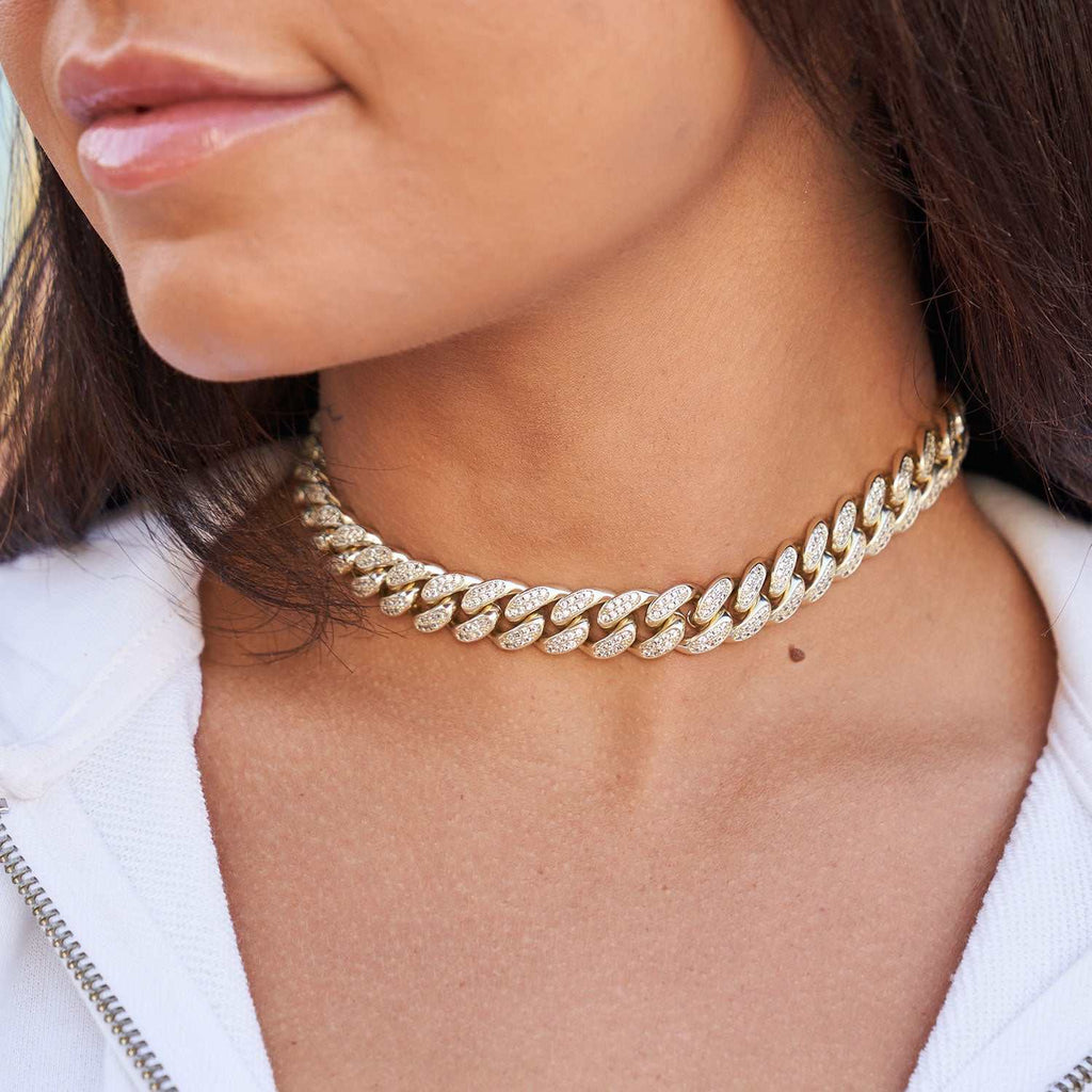 GLD Women Diamond Cuban Link Choker in Yellow Gold - 12mm