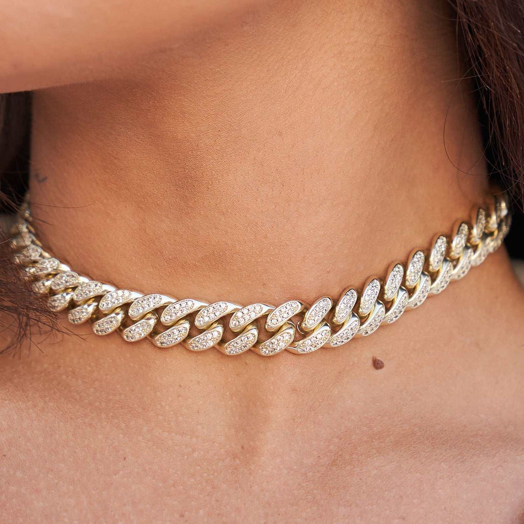 GLD Women GLD Diamond Cuban Link Choker in Yellow Gold - 12mm