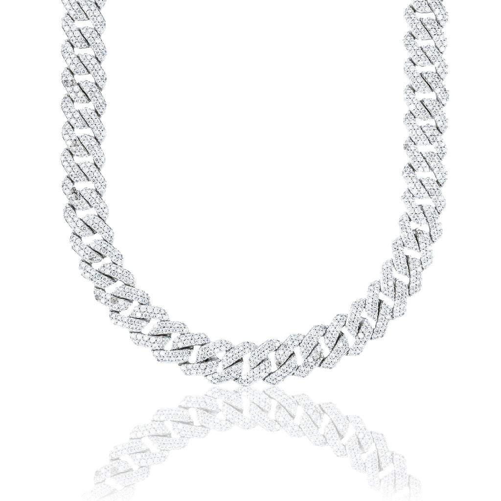 GLD Men Men's Moissanite Diamond Prong Cuban Chain in White Gold Vermeil - 12mm