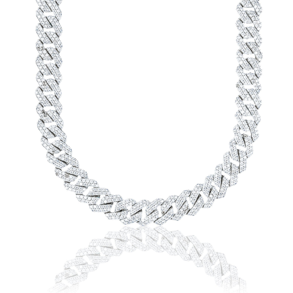 GLD Men Men's Moissanite Diamond Prong Cuban Chain in White Gold Vermeil - 12mm