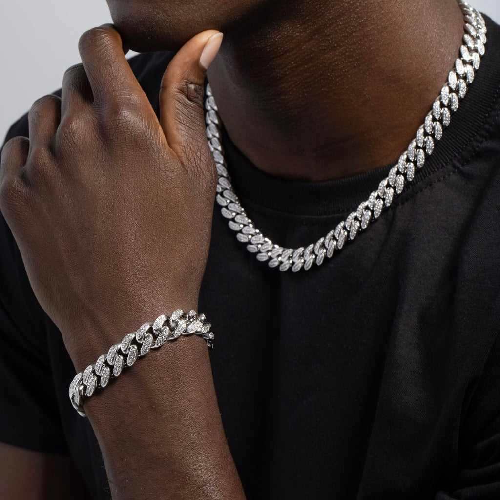 GLD Men Diamond Cuban Chain + Bracelet Bundle in White Gold - 12mm