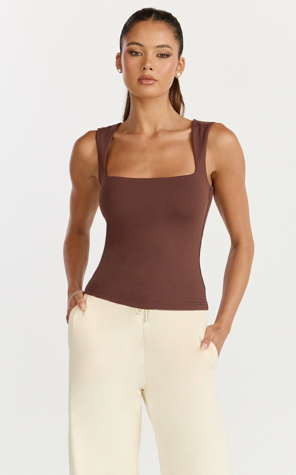Ophelia Top - Square Neck Jersey Top in Chocolate