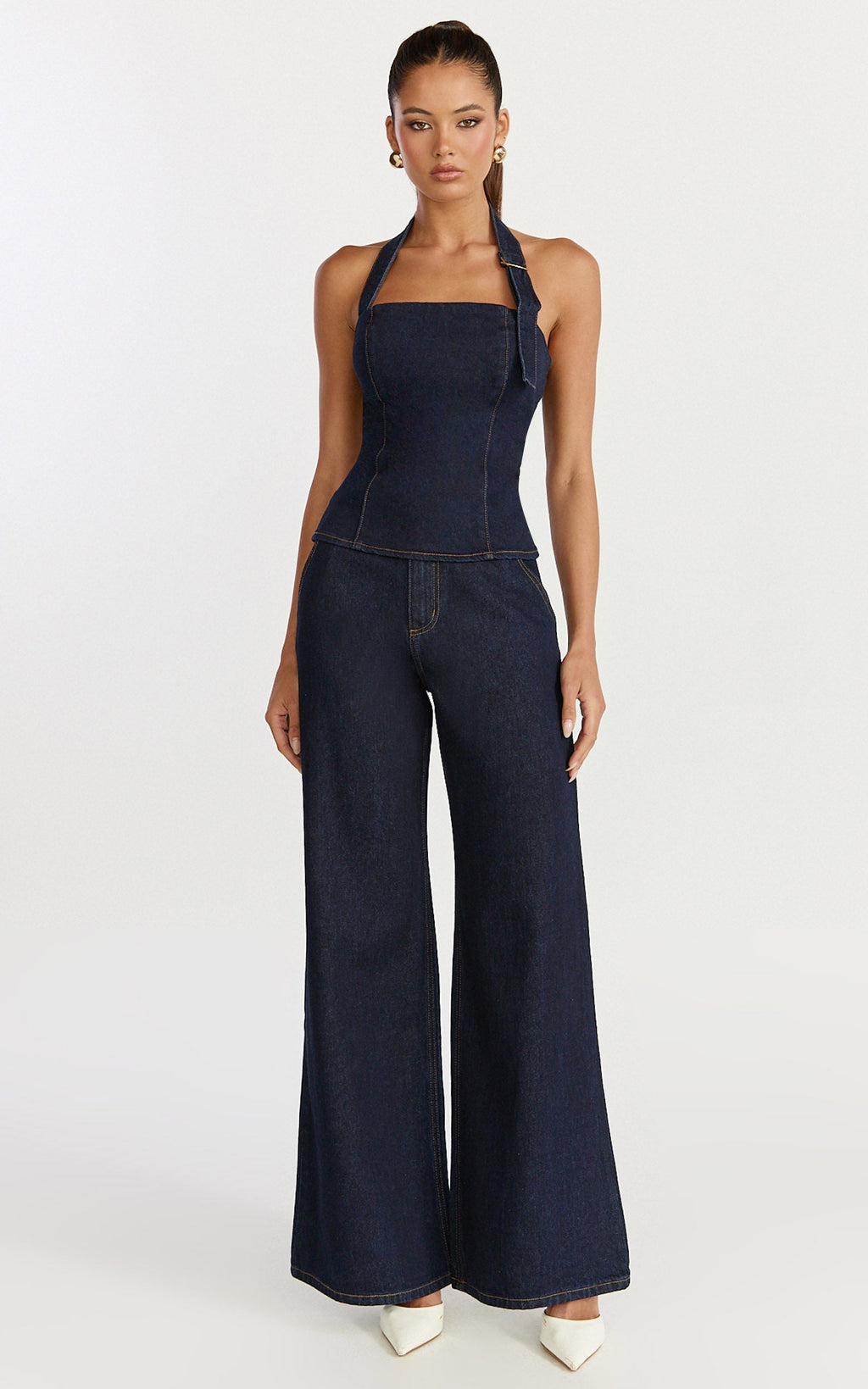 Nicky Top - Denim Hardware Buckle Halter Neck Top in Raw