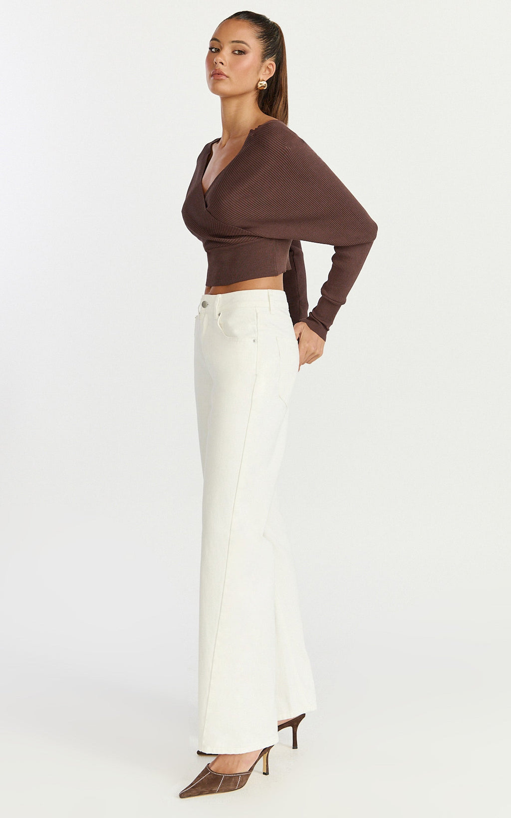 Petra Top - Long Sleeve Wrap Ribbed Knit Top in Chocolate