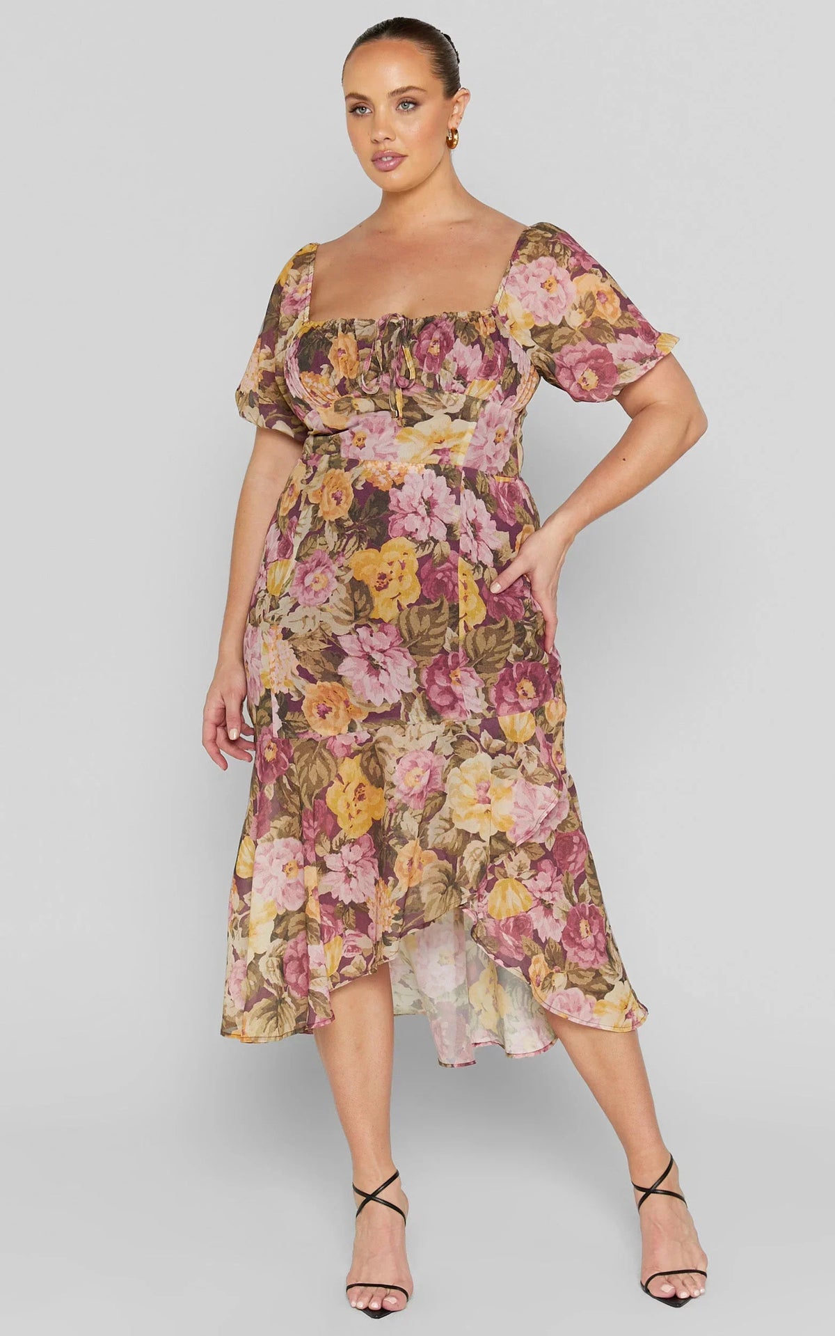 Jasalina Midi Dress - Puff Sleeve Dress in Classic Floral