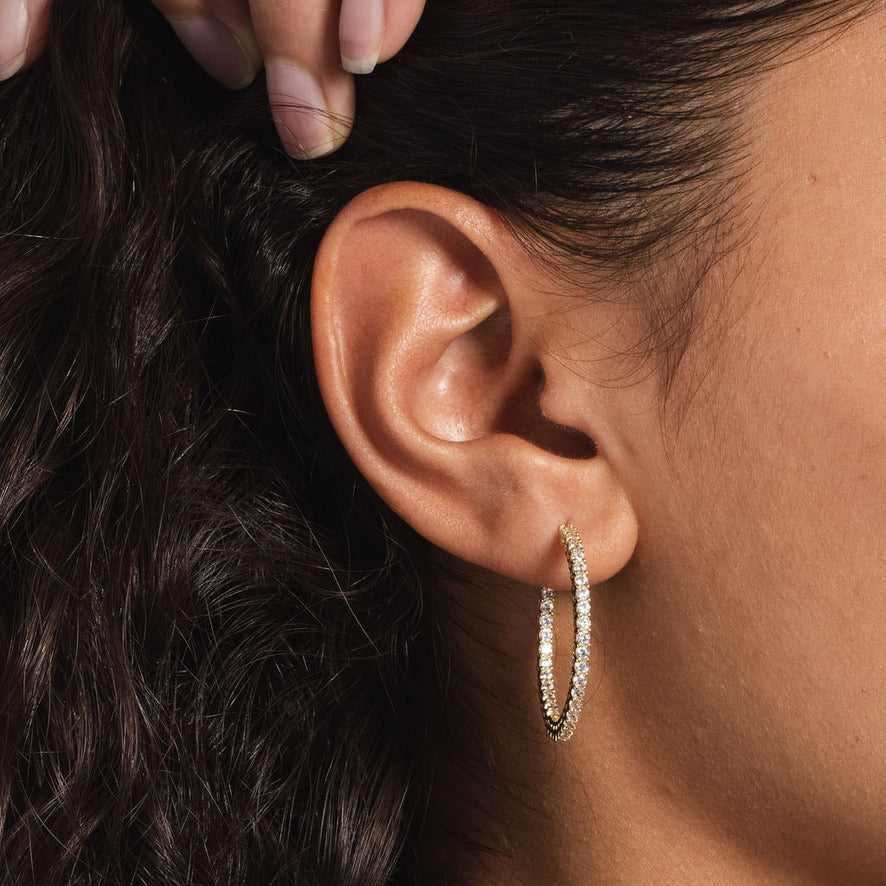 GLD Women 14k Solid Gold Small Eternity Hoop Earrings in Yellow Gold-VS Diamonds