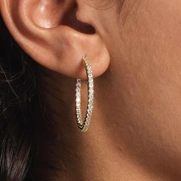 GLD Women 14k Solid Gold Small Eternity Hoop Earrings in Yellow Gold-VS Diamonds