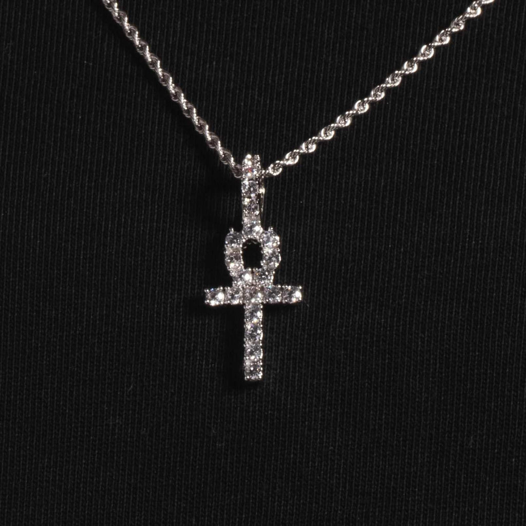 GLD Men Solid White Gold Micro Ankh Cross Pendant-VS Diamonds