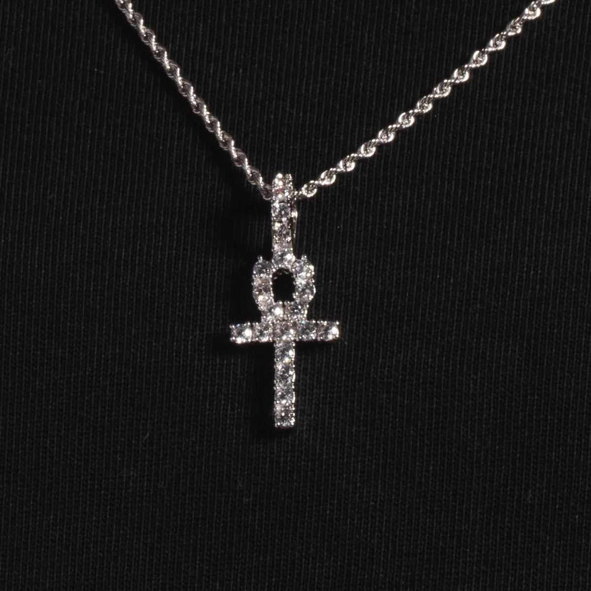 GLD Men Solid White Gold Micro Ankh Cross Pendant-VS Diamonds