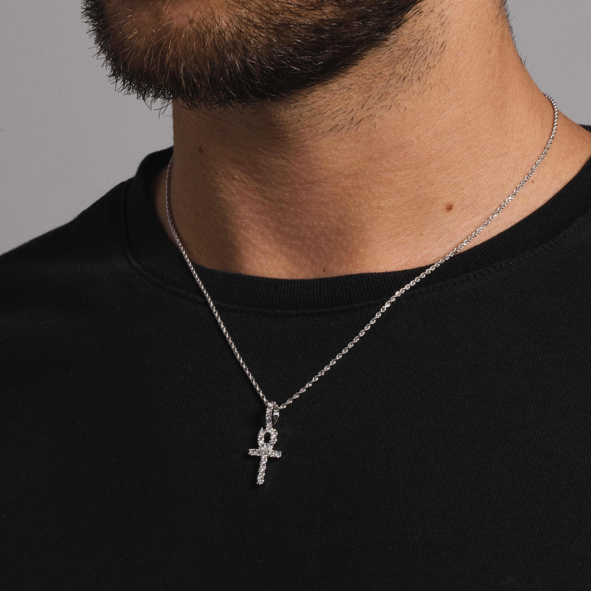 GLD Men Solid White Gold Micro Ankh Cross Pendant-VS Diamonds