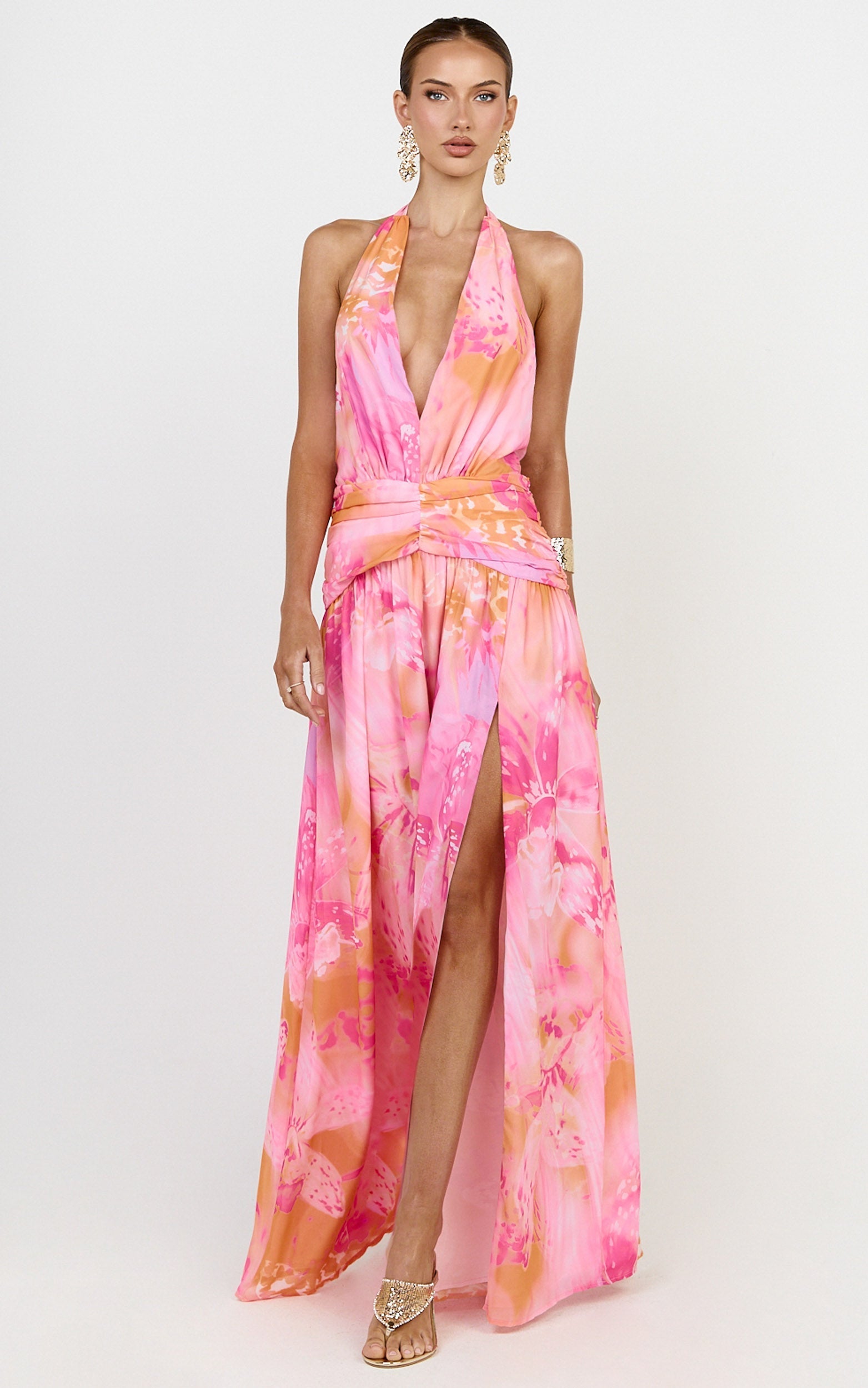 Nova Maxi Dress - Plunge Neckline Backless Georgette Dress in Hot House Orchid Print