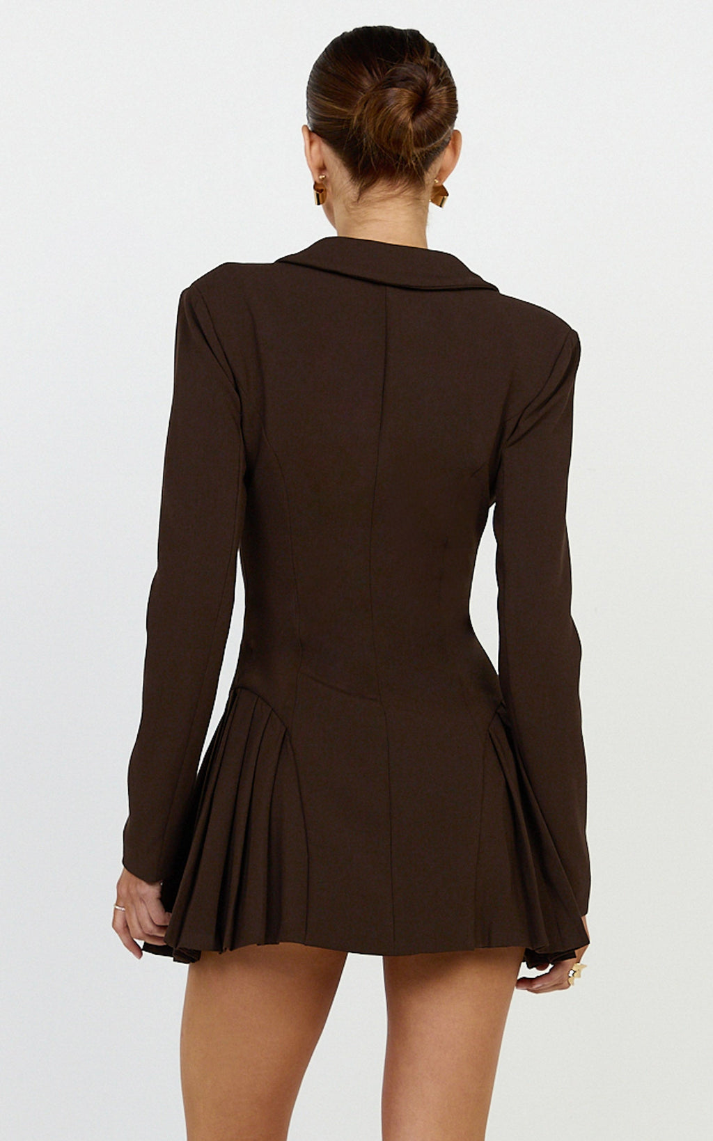 Bea Mini Dress - Collared Long Sleeve Fit And Flare Pleated Dress in Dark Chocolate