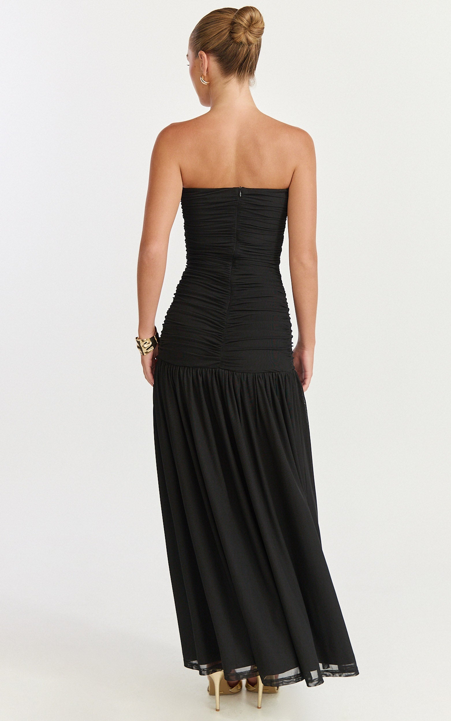 Lara Maxi Dress - Strapless Ruched Mesh High Leg Split Dress in Black