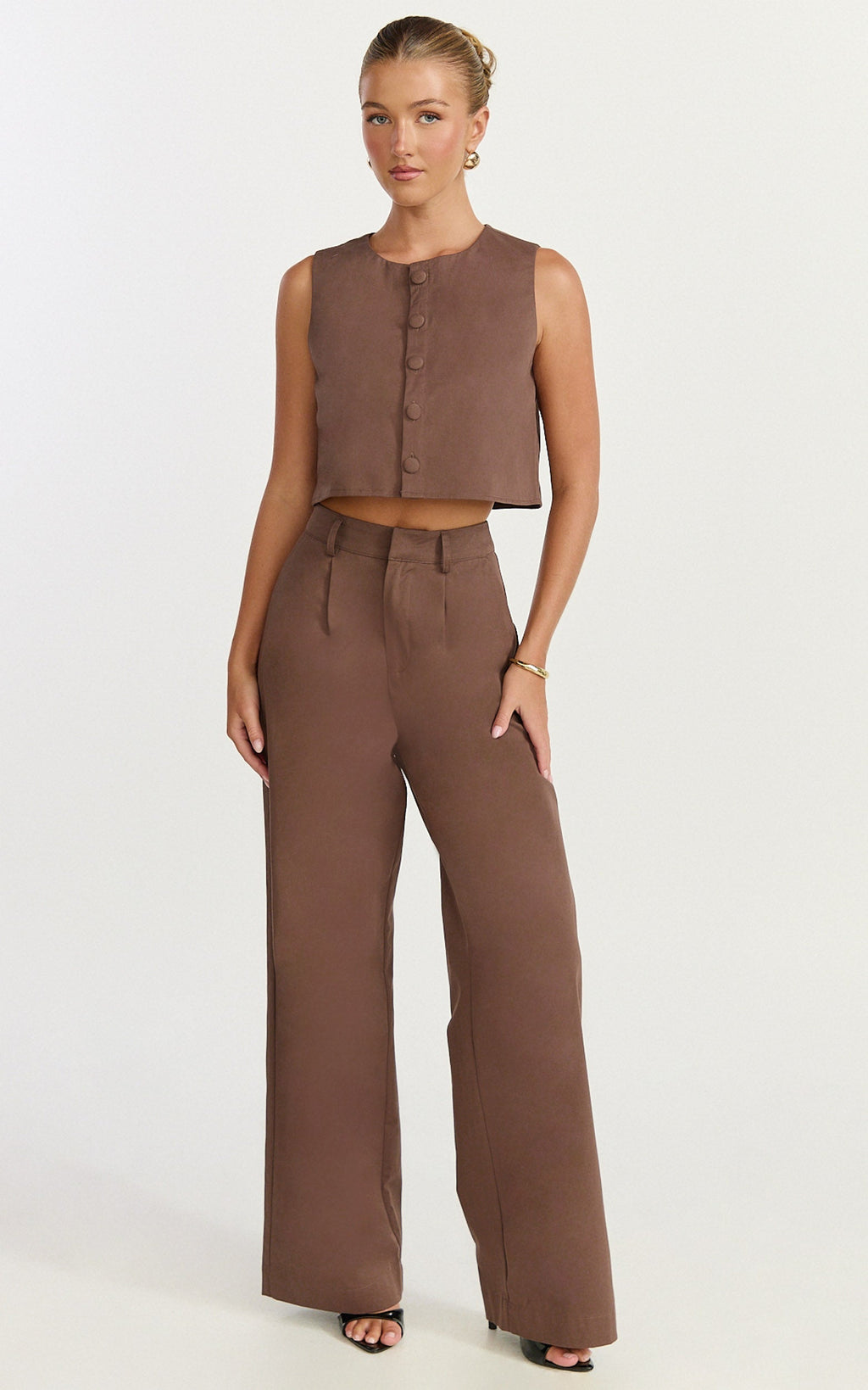 Valencia Two Piece Top and Pants Set - Button Front Vest and High Waisted Pants Set in Mocha
