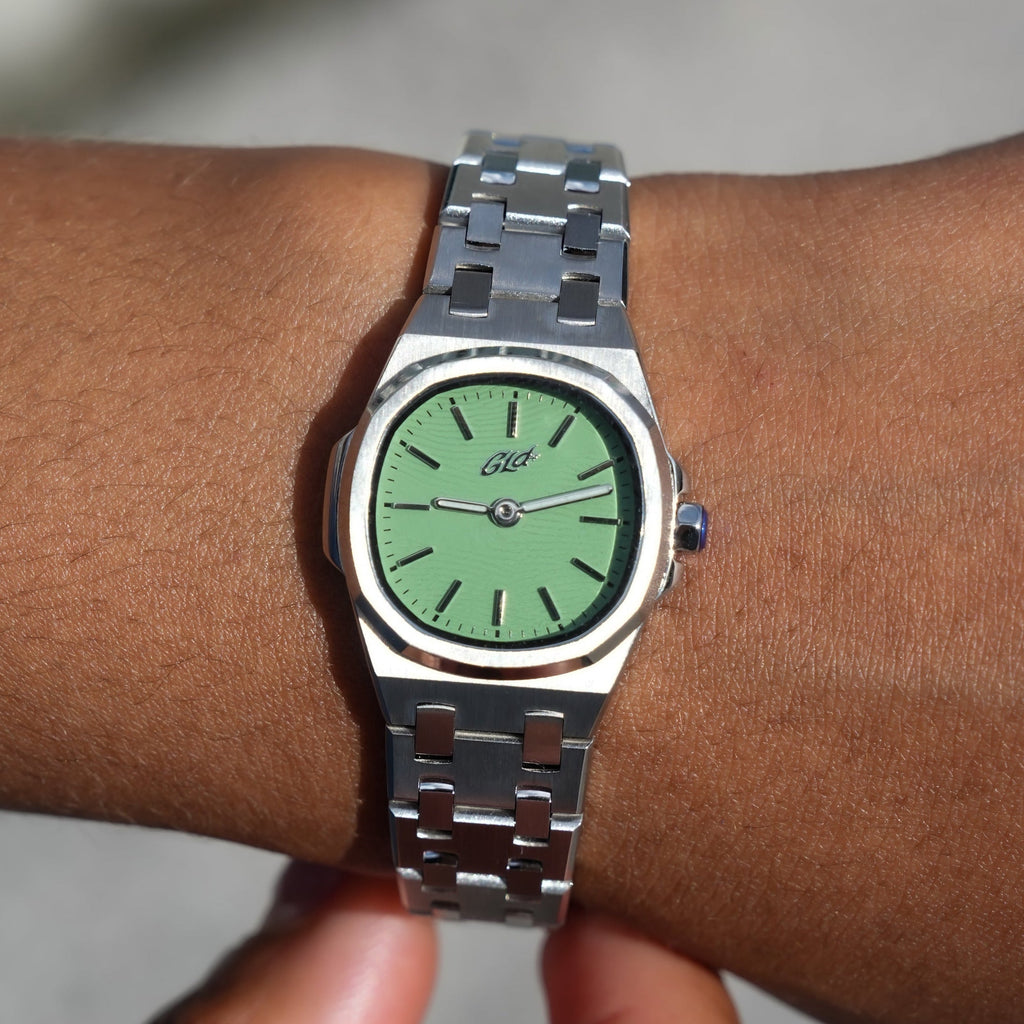 GLD Women 25MM Mini Visionary Stainless Steel Band Watch - White Gold - Mint Green Dial