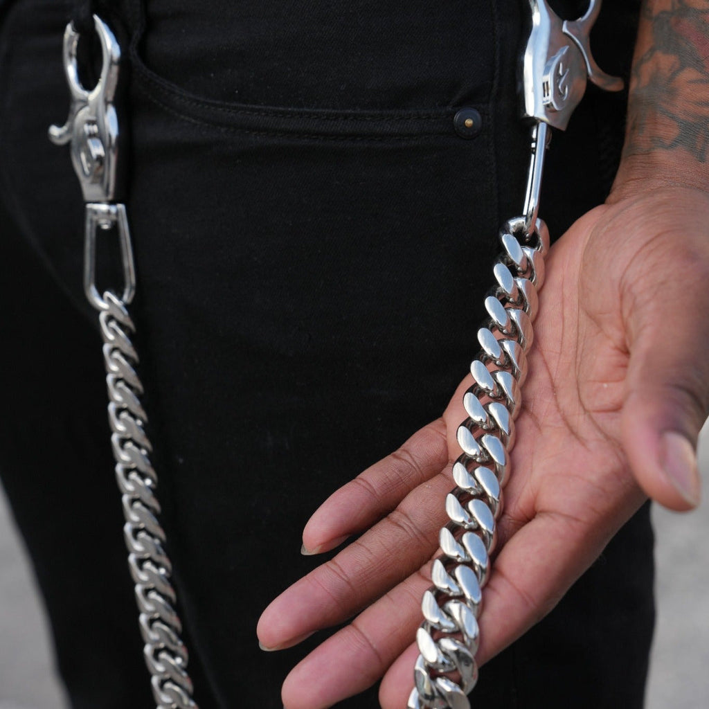 GLD Men 19MM Miami Cuban w/ 65MM Carabiner Pant Chain in White Gold