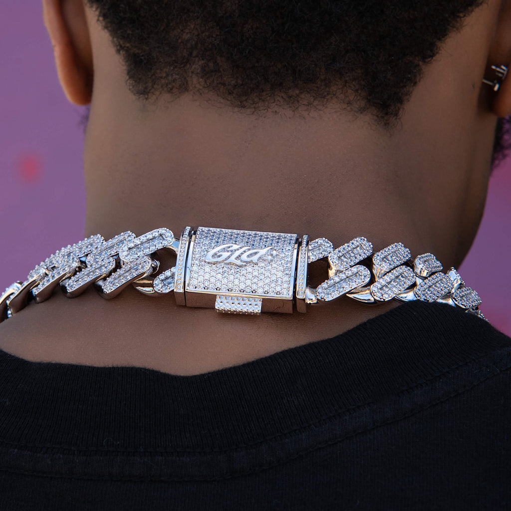 GLD Men Diamond Baguette Tight Link Cuban Chain Necklace in White Gold - 19mm