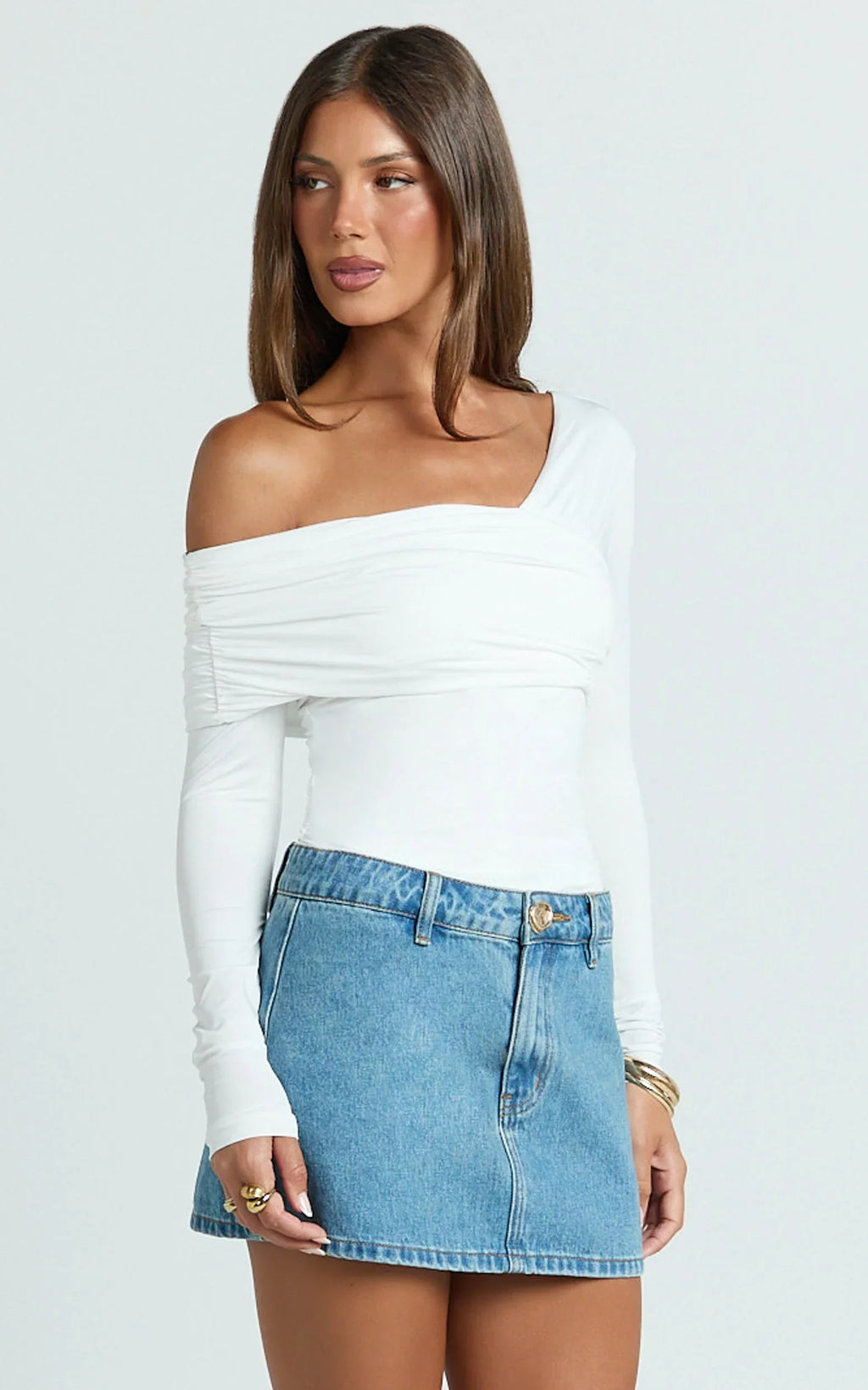 Cate Top - Long Sleeve Asymmetrical Neckline Top in White