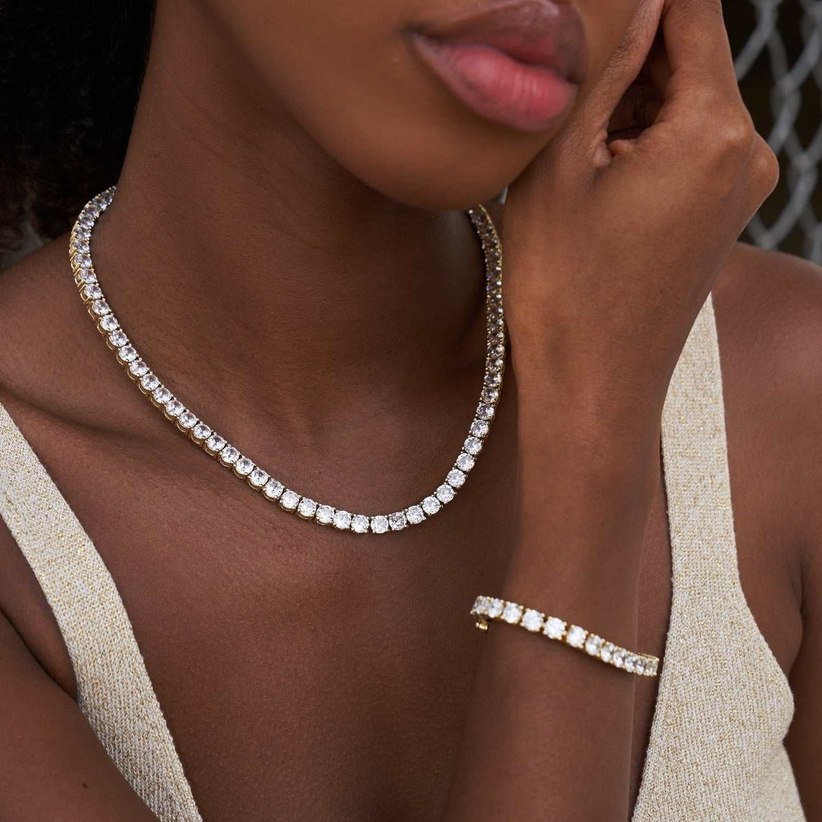 GLD Women Diamond Tennis Necklace + Bracelet Bundle in Yellow Gold- 5mm