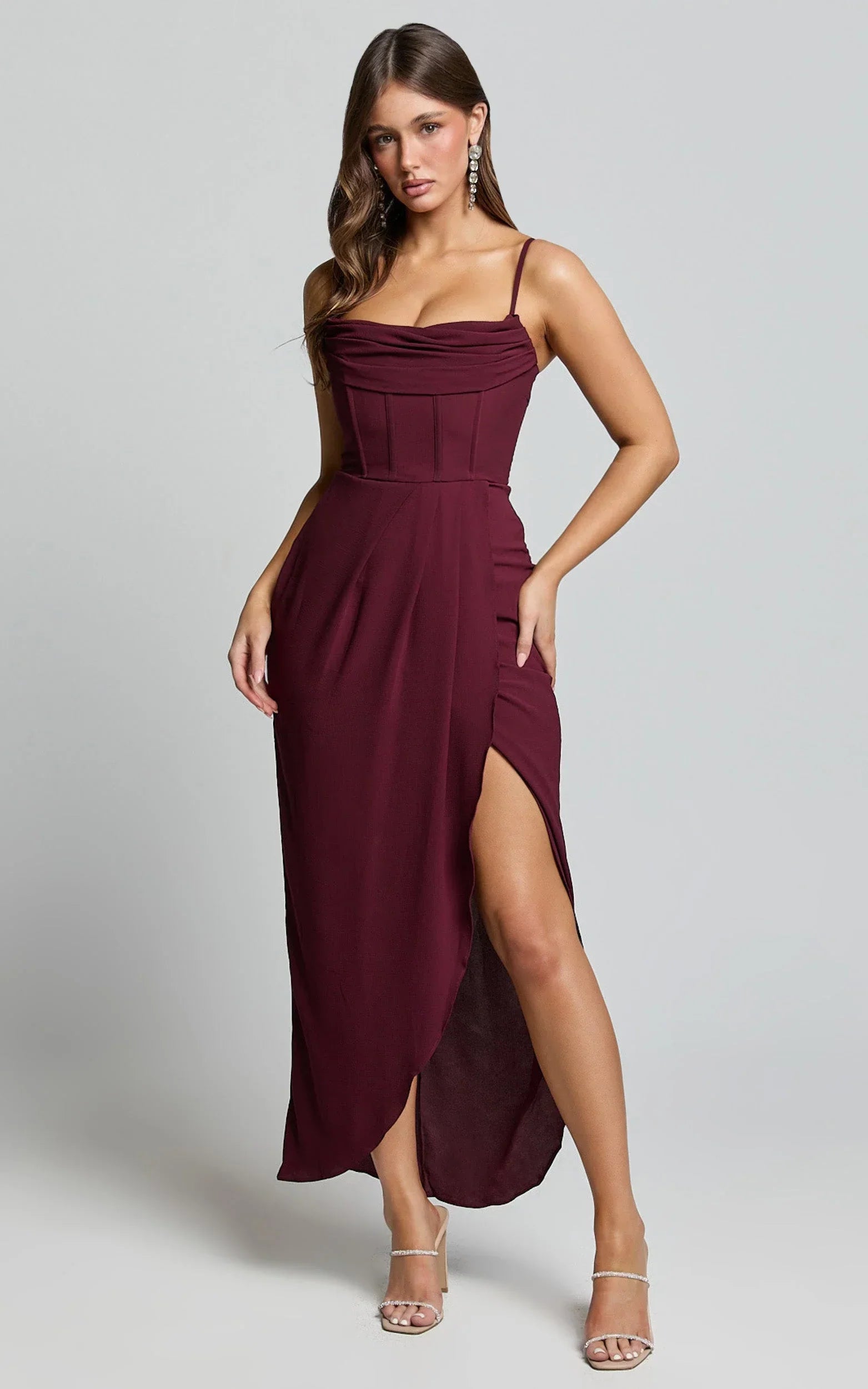 Andrina Midi Dress - High Low Wrap Corset Dress in Wine