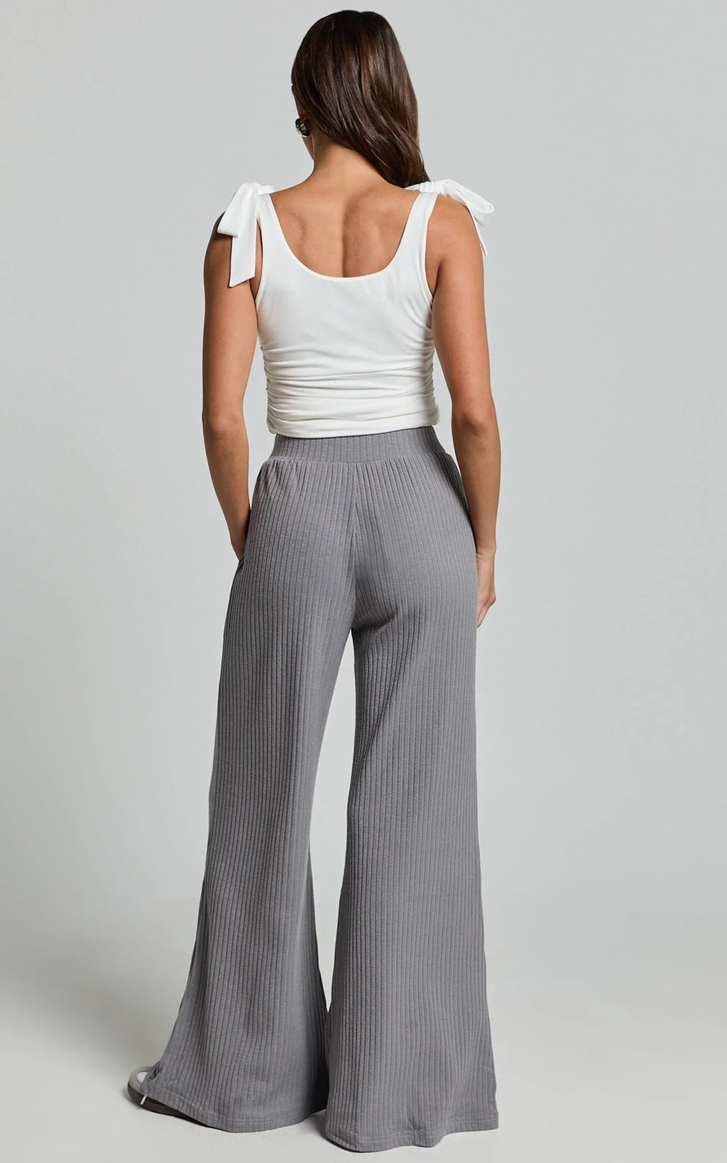 Adriana Pants - Ribbed High Waist Wide Leg Pants in Slate Grey