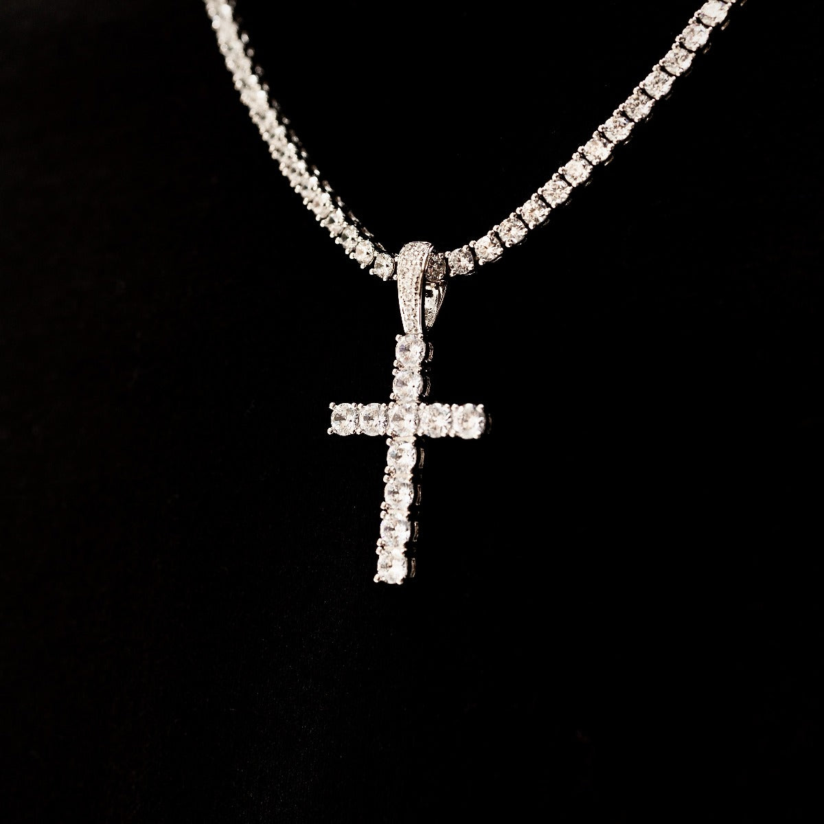 GLD Women Diamond Cross Pendant + Diamond Tennis Necklace in White or Yellow Gold - 3mm