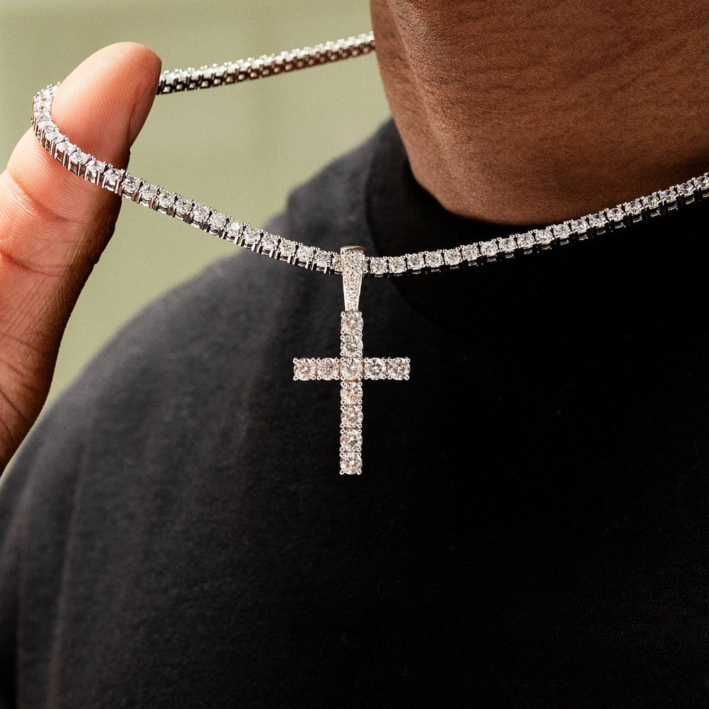 GLD Men Diamond Tennis Chain + Diamond Cross Bundle in White Gold- 3mm