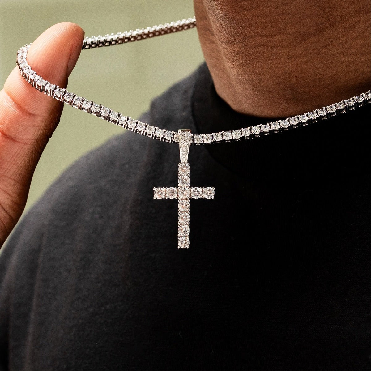 GLD Men Diamond Tennis Chain + Diamond Cross Bundle in White Gold- 3mm