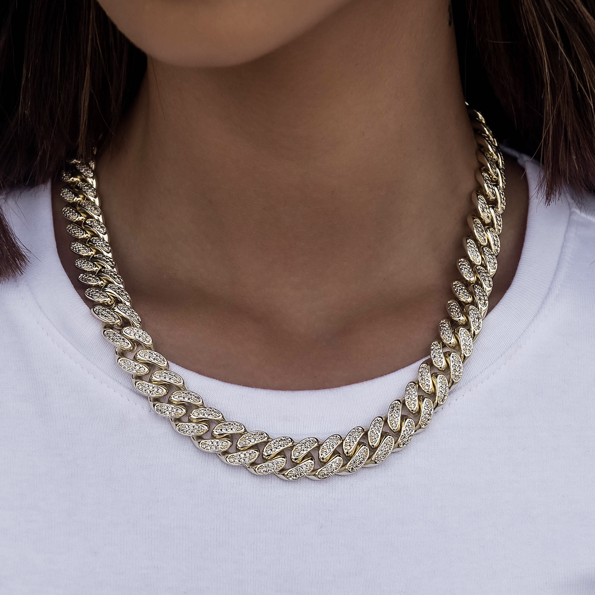 GLD Women Diamond Cuban Link Necklace in Yellow Gold- 12mm