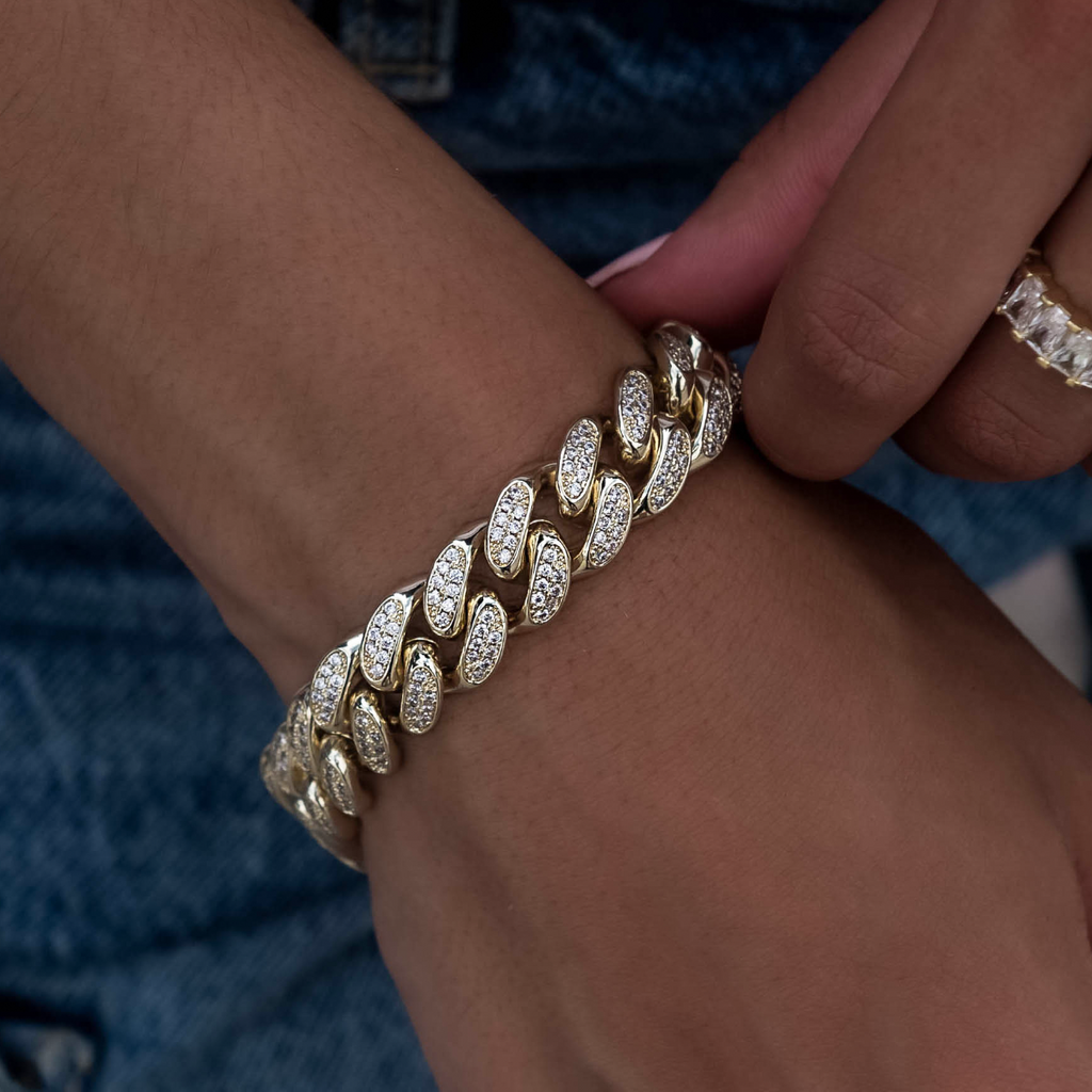 GLD Women Diamond Cuban Link Bracelet in Yellow Gold- 12mm