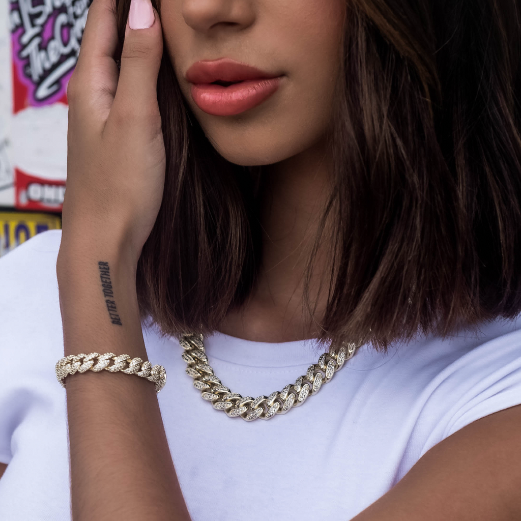 GLD Women Diamond Cuban Link Necklace in Yellow Gold- 12mm