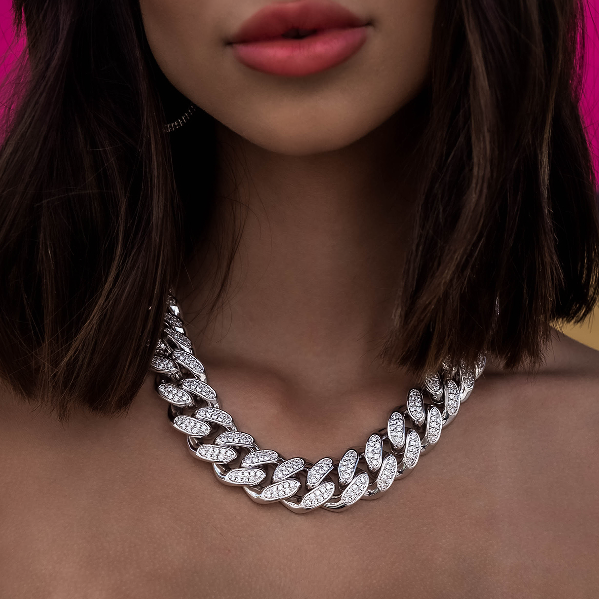GLD PROMO - WOMEN Diamond Cuban Link Necklace in White Gold- 19mm
