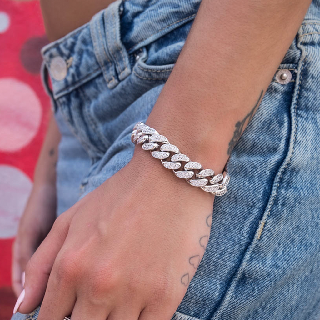 GLD Women Diamond Cuban Link Bracelet in White Gold - 12mm