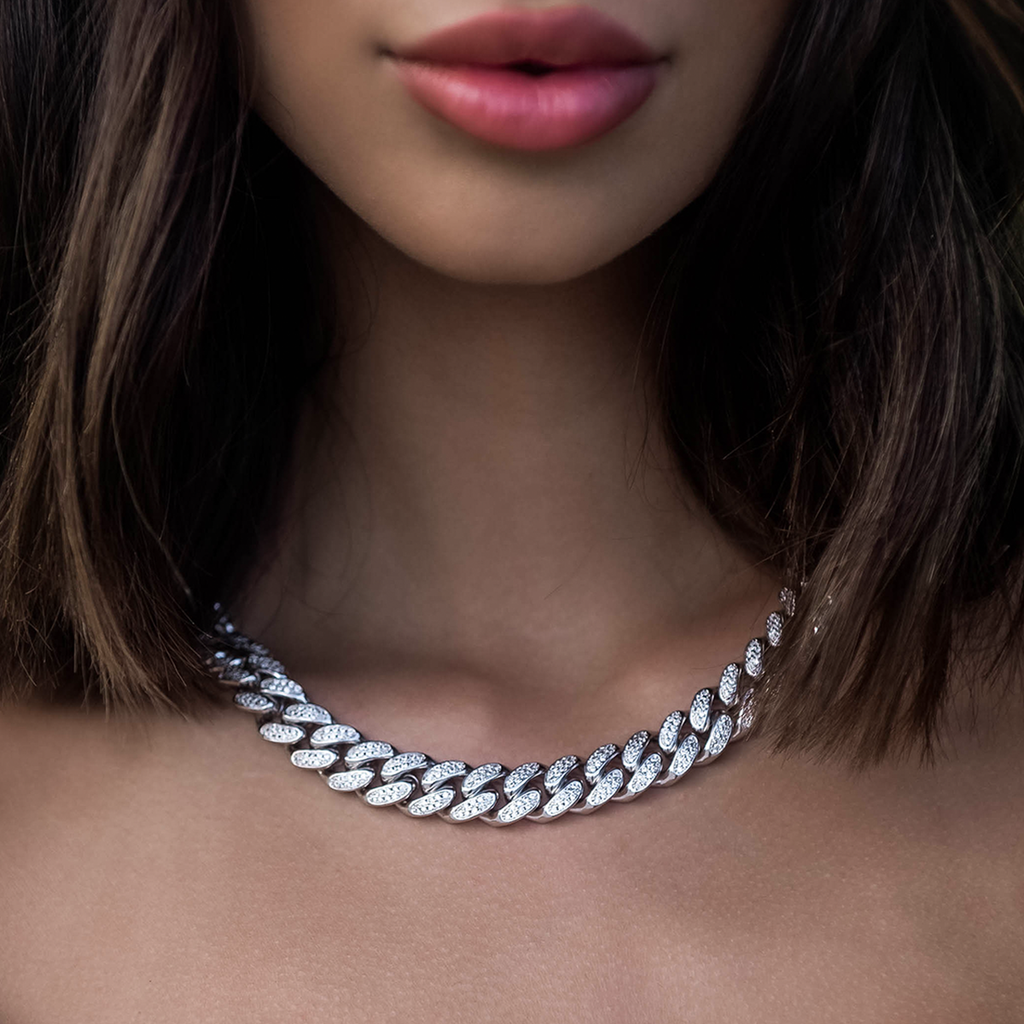 GLD PROMO - WOMEN Diamond Cuban Link Necklace in White Gold- 12mm
