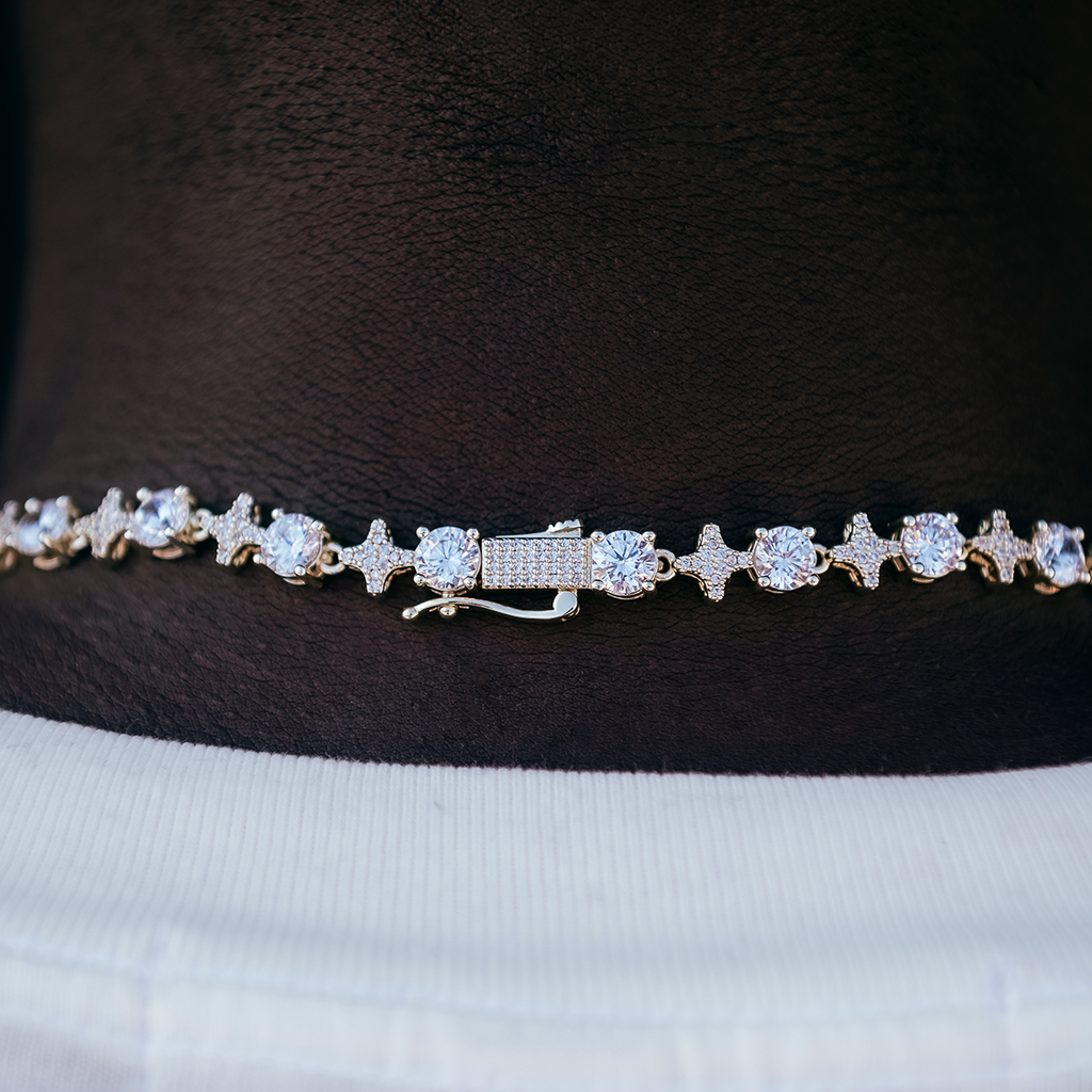 GLD Men Round Stone Star Tennis Chain in Yellow Gold - 8mm