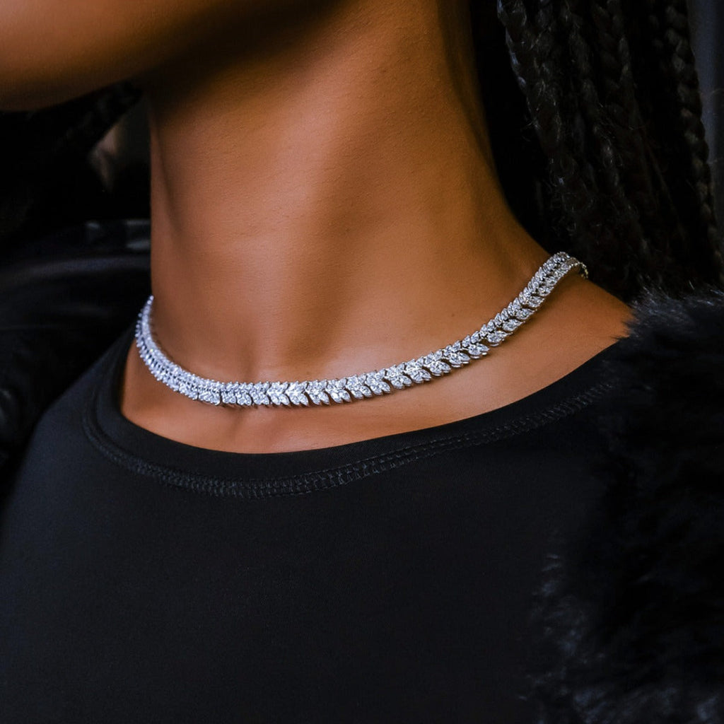 GLD PROMO - WOMEN Iced Herringbone Necklace in White Gold- 7mm