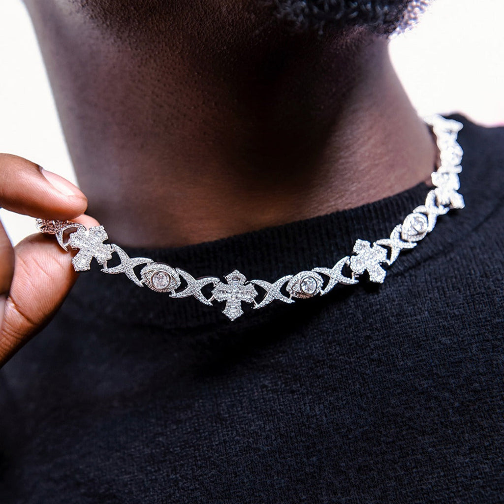 GLD PROMO Baguette Cross Evil Eye Chain in White Gold - 16mm