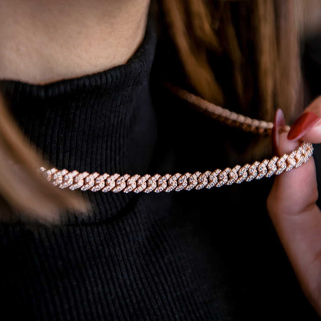 GLD PROMO - WOMEN Micro Diamond Prong Cuban Necklace in Rose Gold - 6mm
